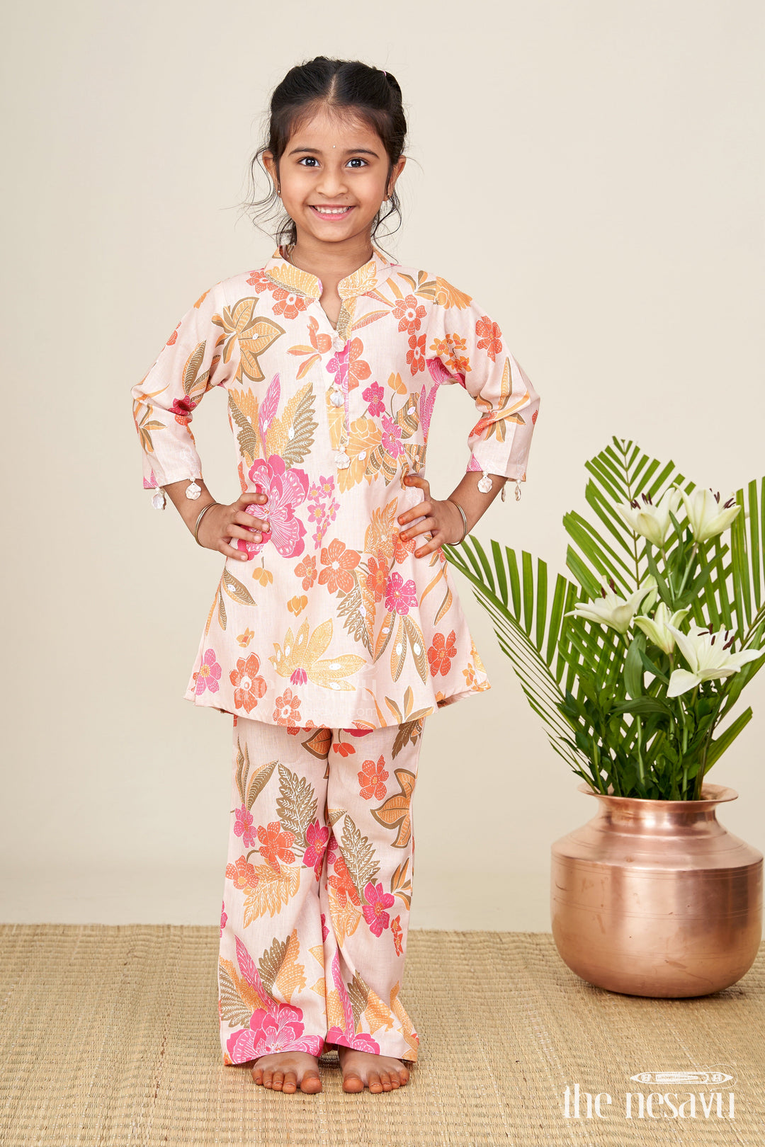 The Nesavu Girls Sharara / Plazo Set Girls printed sharara set in soft cotton for summer ethnic wear Nesavu Nesavu girls cotton sharara set digital floral print comfortable ethnic wear