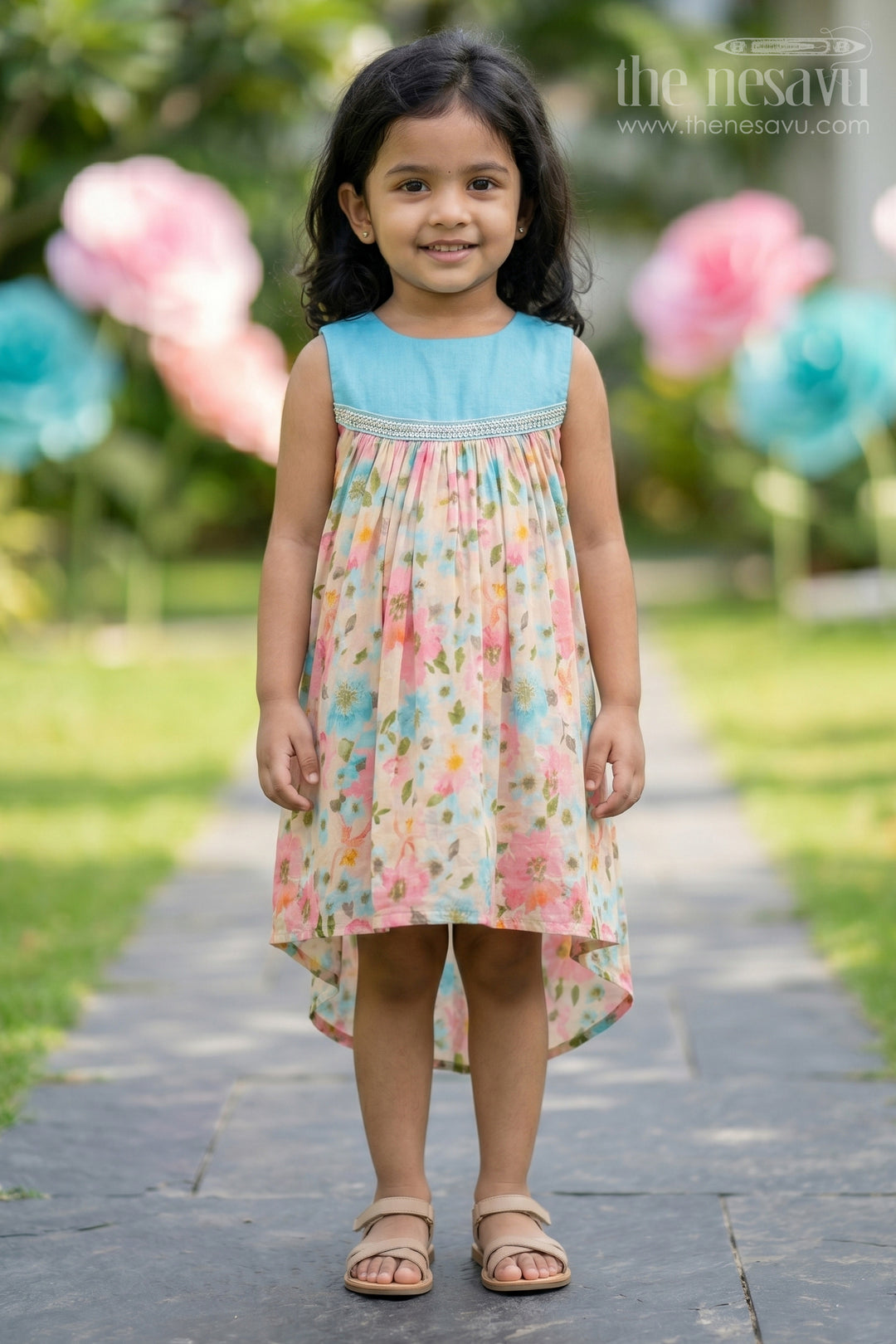 The Nesavu Girls Chanderi Frock Girls Printed Viscose Frock with Bright Floral Motifs and Blue Yoke in Long Frock for Party Wear Style Nesavu 18 (2Y) / Multicolor GFC1735A-18 Girls Long Frock Party Wear Floral Printed Viscose Blue Embroidered Yoke Flowy Fit | The Nesavu