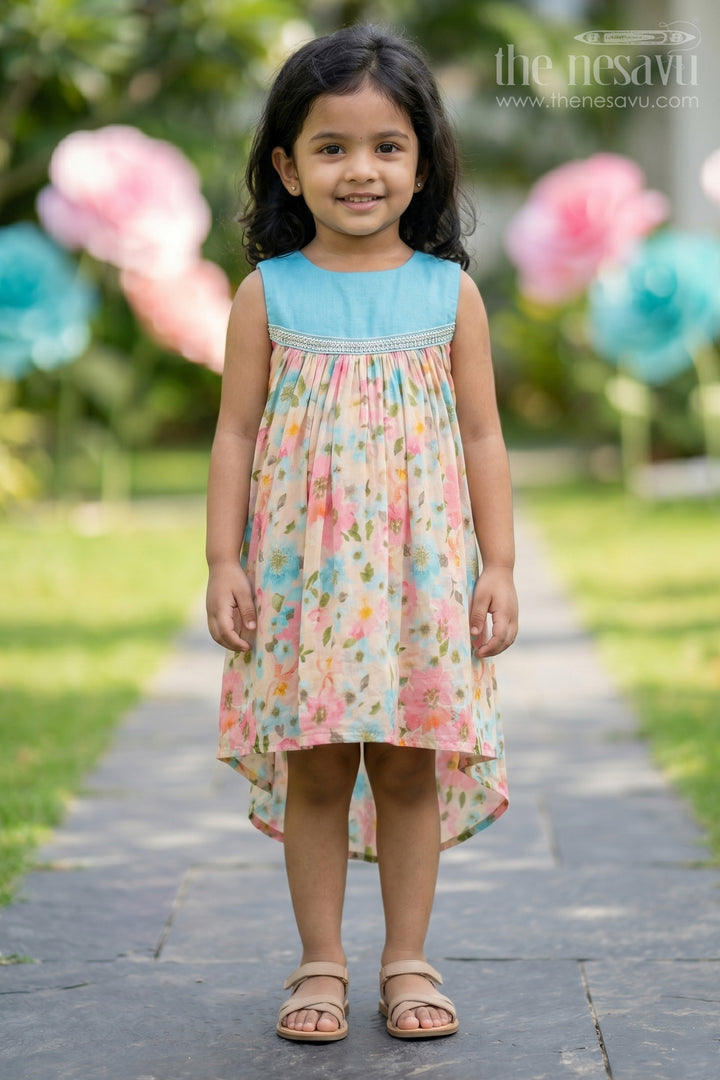 The Nesavu Girls Chanderi Frock Girls Printed Viscose Frock with Bright Floral Motifs and Blue Yoke in Long Frock for Party Wear Style Nesavu 18 (2Y) / Multicolor GFC1735A-18 Girls Long Frock Party Wear Floral Printed Viscose Blue Embroidered Yoke Flowy Fit | The Nesavu