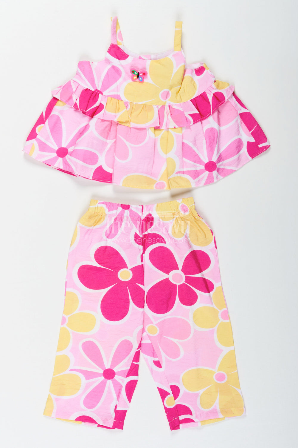 The Nesavu Girls Casual Set Girls Printed White Top with Matching Floral Pant Set in Bright Cotton Fabric Nesavu 14 (6M) / pink GPS596A-14 Nesavu Girls Printed White Top Set with Floral Cotton Pants in Yellow and Pink Hues