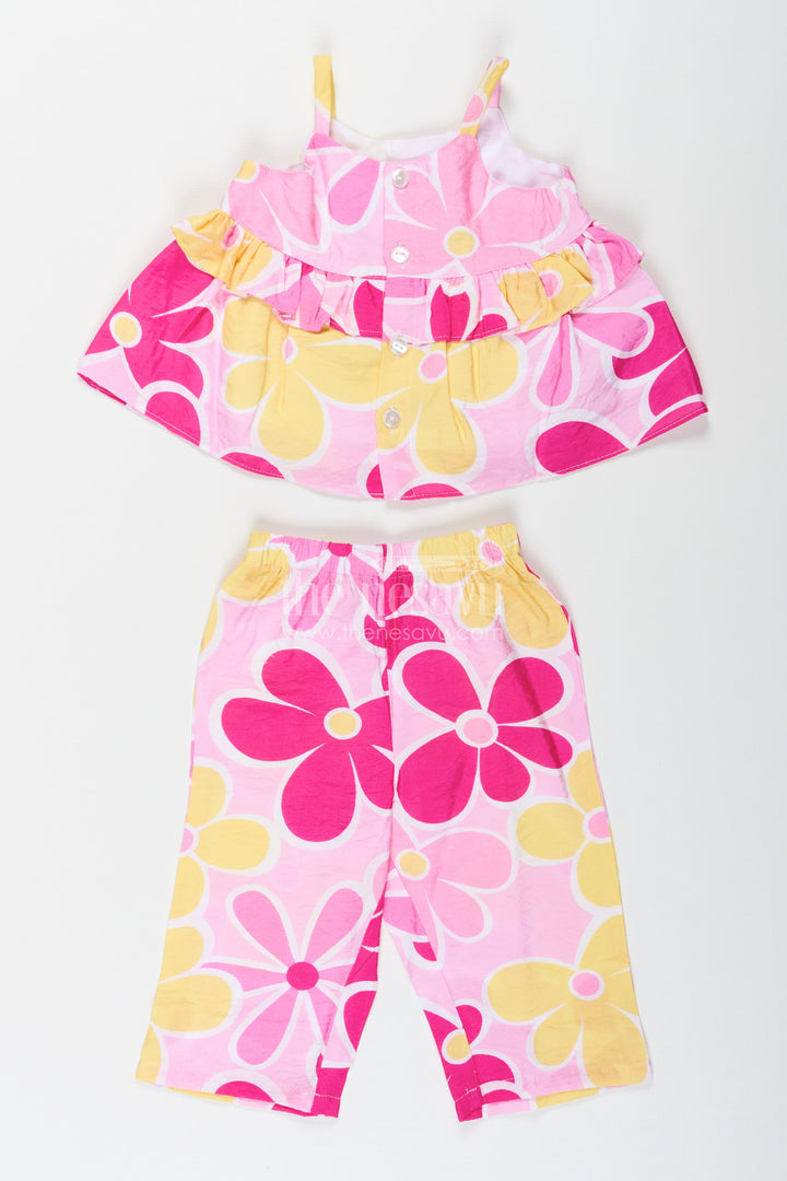 The Nesavu Girls Casual Set Girls Printed White Top with Matching Floral Pant Set in Bright Cotton Fabric Nesavu Nesavu Girls Printed White Top Set with Floral Cotton Pants in Yellow and Pink Hues