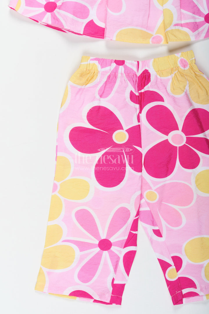 The Nesavu Girls Casual Set Girls Printed White Top with Matching Floral Pant Set in Bright Cotton Fabric Nesavu Nesavu Girls Printed White Top Set with Floral Cotton Pants in Yellow and Pink Hues
