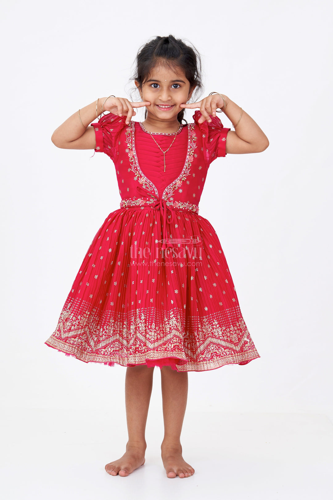 The Nesavu Silk Frock Girls Puff Sleeve Dress in Chinon Silk with Kadi Print Butta Design and Rich Embroidered Hem Border Nesavu 18 (2Y) / Pink SF983A-18 Nesavu Girls Puff Sleeve Dress Chinon Silk Kadi Butta Print Embroidered Festive Border