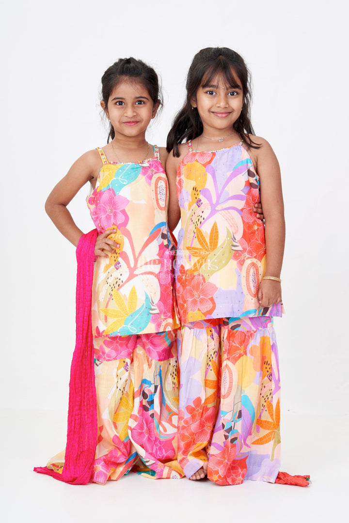 The Nesavu Girls Sharara / Plazo Set Girls Pure Muslin Silk Digital Printed Kurti with Sharara Set for Festive and Ethnic Wear Nesavu Nesavu Girls Pure Muslin Silk Digital Printed Kurti Stylish Sharara Festive Wear