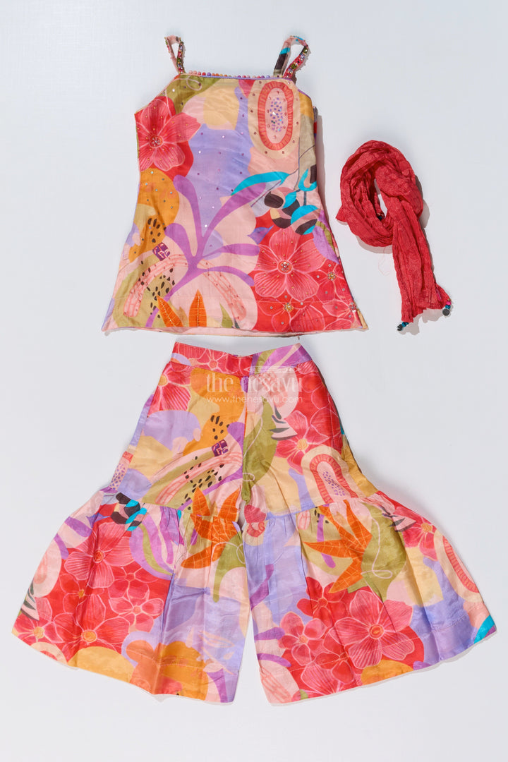 The Nesavu Girls Sharara / Plazo Set Girls Pure Muslin Silk Digital Printed Muslin Suit Set with Sharara and Dupatta for Festive Wear Nesavu 16 (1Y) / Multicolor GPS523B-16 Nesavu Girls Pure Muslin Silk Digital Printed Muslin Suit Set Sharara Dupatta