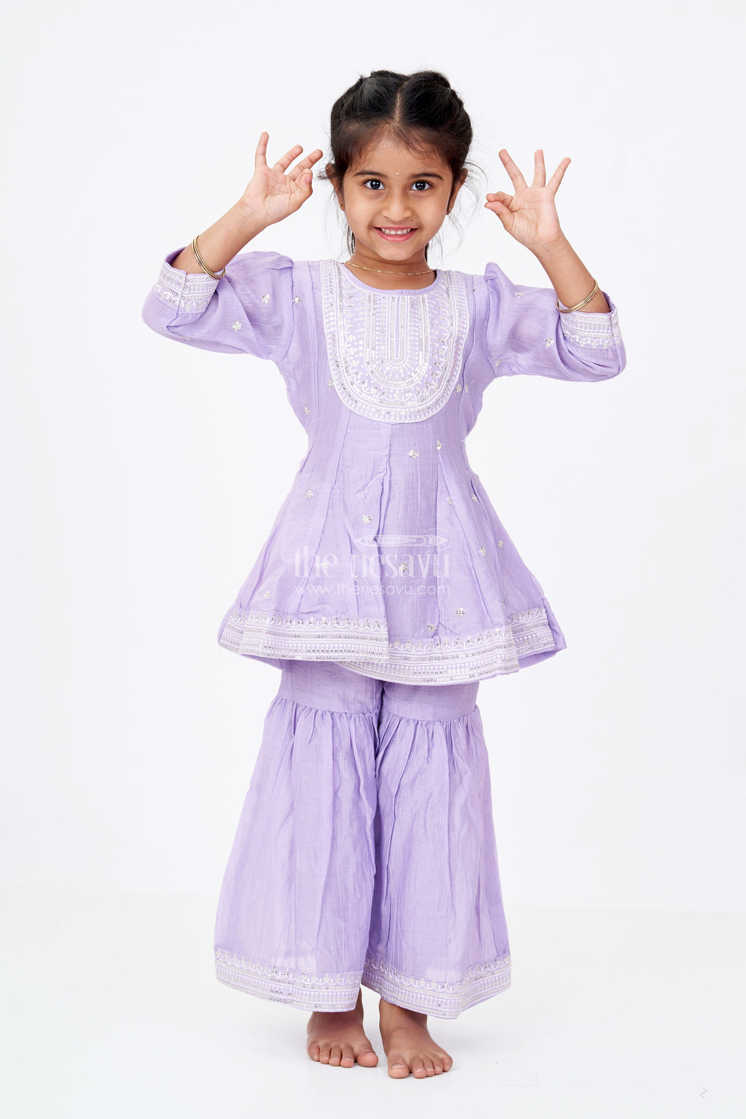 The Nesavu Girls Churidar Sets Girls Purple Churidar with Sequin Embroidered Cotton Set Featuring Kurta and Flared Pants Nesavu 18 (2Y) / Purple GPS571A-18 Nesavu Girls Purple Cotton Churidar Set Sequin Embroidery Flared Pants
