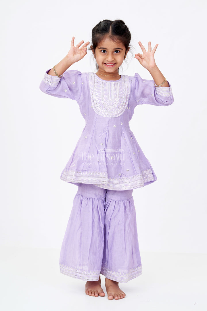 The Nesavu Girls Churidar Sets Girls Purple Churidar with Sequin Embroidered Cotton Set Featuring Kurta and Flared Pants Nesavu 18 (2Y) / Purple GPS571A-18 Nesavu Girls Purple Cotton Churidar Set Sequin Embroidery Flared Pants