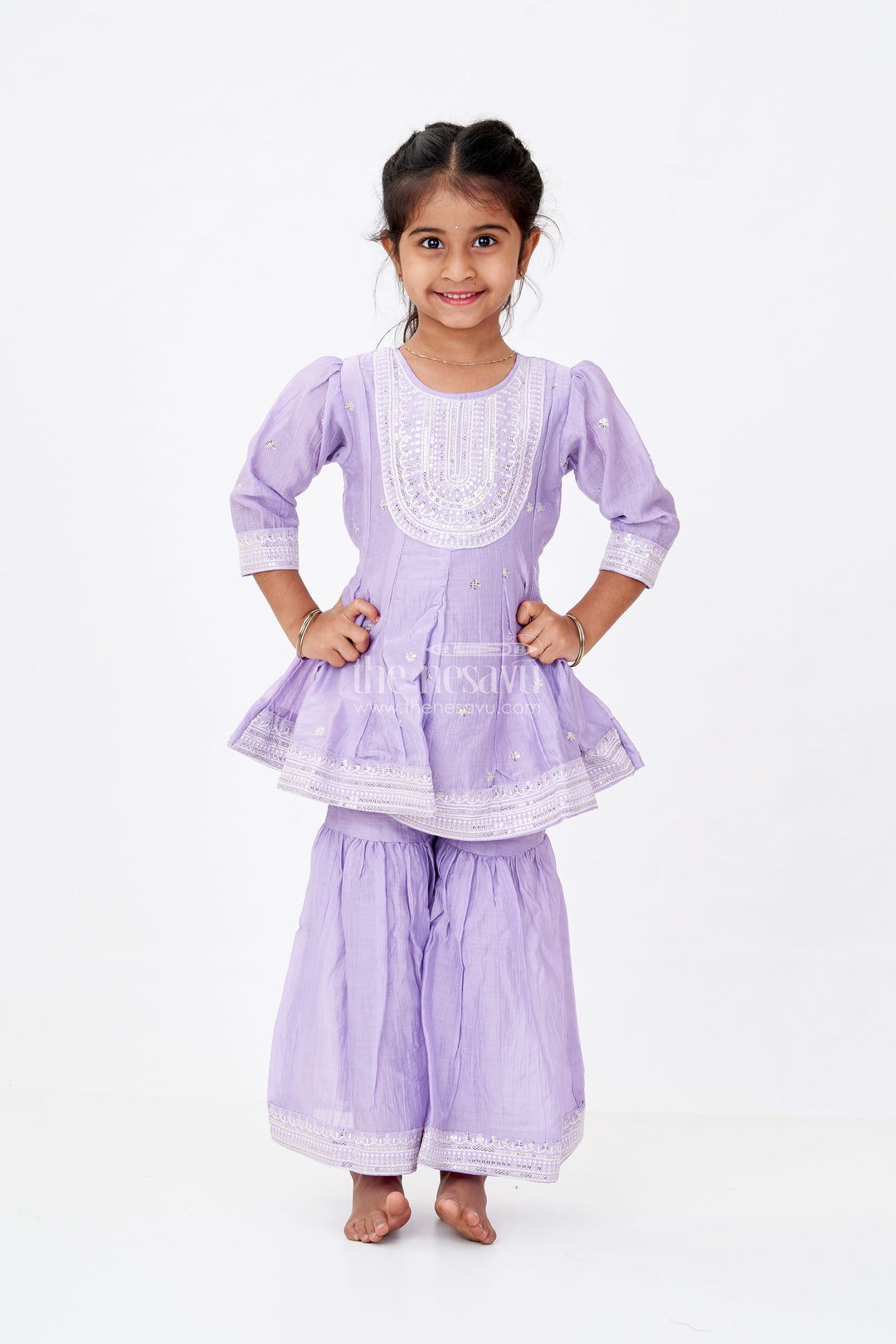 The Nesavu Girls Churidar Sets Girls Purple Churidar with Sequin Embroidered Cotton Set Featuring Kurta and Flared Pants Nesavu Nesavu Girls Purple Cotton Churidar Set Sequin Embroidery Flared Pants