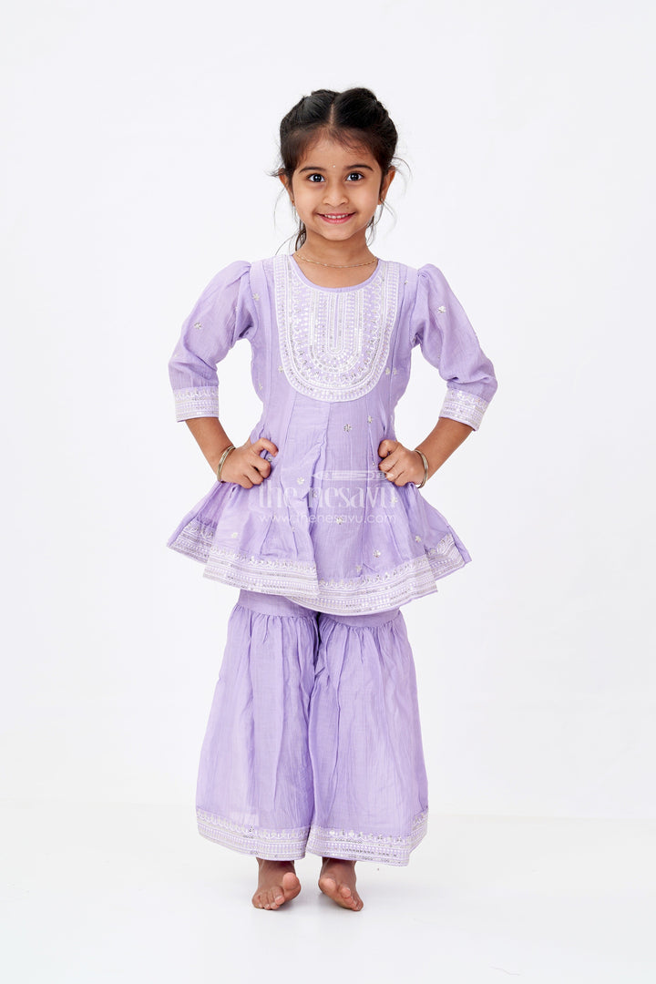 The Nesavu Girls Churidar Sets Girls Purple Churidar with Sequin Embroidered Cotton Set Featuring Kurta and Flared Pants Nesavu Nesavu Girls Purple Cotton Churidar Set Sequin Embroidery Flared Pants