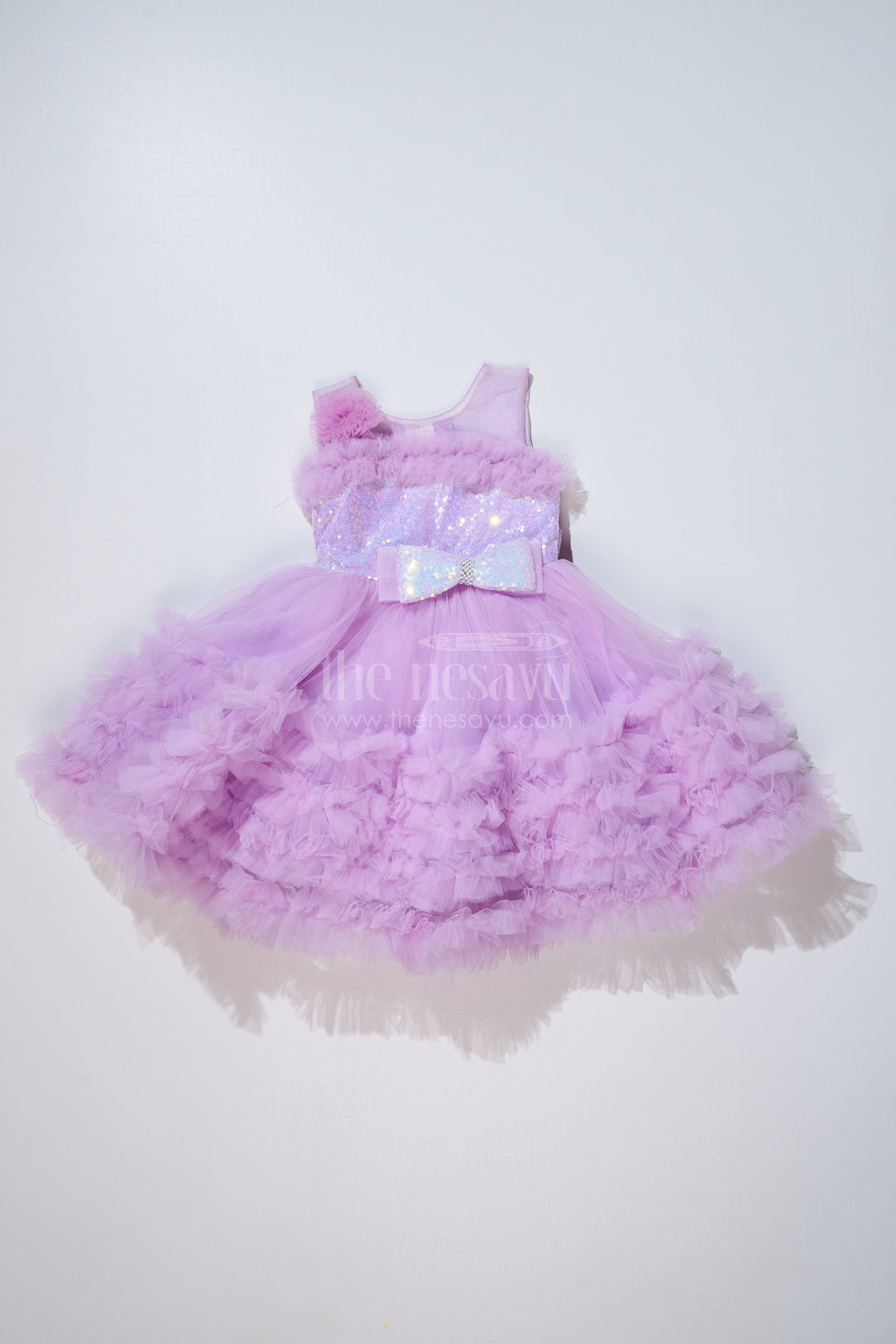The Nesavu Girls Fancy Party Frock Girls Purple Net Party Dress with Ruffled Layers and Sequin Bow Nesavu 16 (1Y) / Purple PF195A-16 Nesavu Girls Purple Net Party Dress Ruffles Sequin Bow Special Occasions