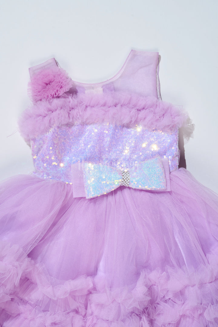 The Nesavu Girls Fancy Party Frock Girls Purple Net Party Dress with Ruffled Layers and Sequin Bow Nesavu Nesavu Girls Purple Net Party Dress Ruffles Sequin Bow Special Occasions