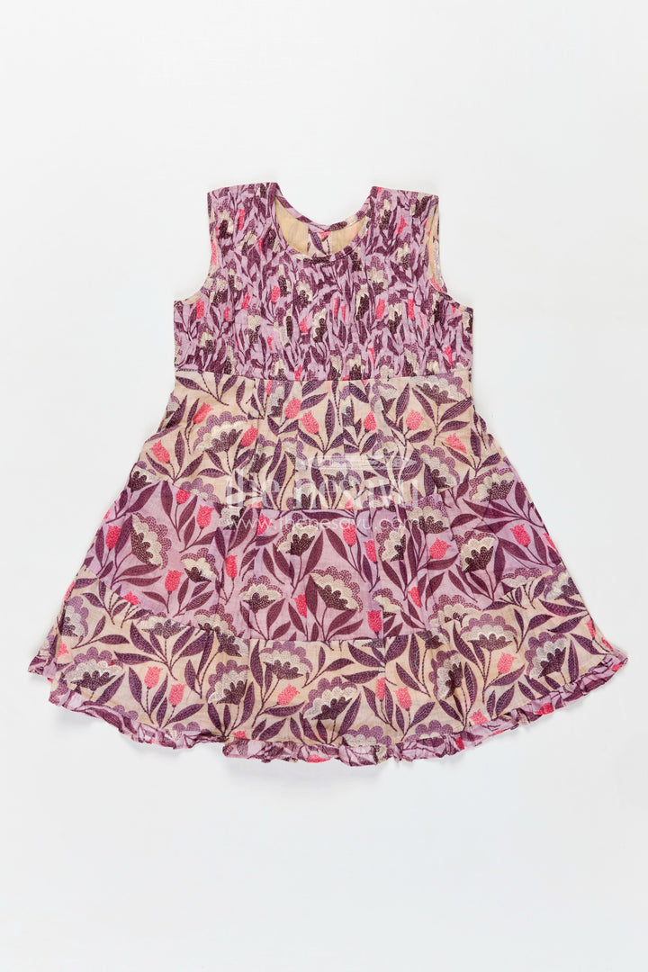 The Nesavu Girls Cotton Frock Girls Purple Printed Cotton Frock with Gathers and Layered Hem in unique different frock design Nesavu Nesavu Girls Purple Cotton Frock Kantha Inspired Print Playful Layering different frock design