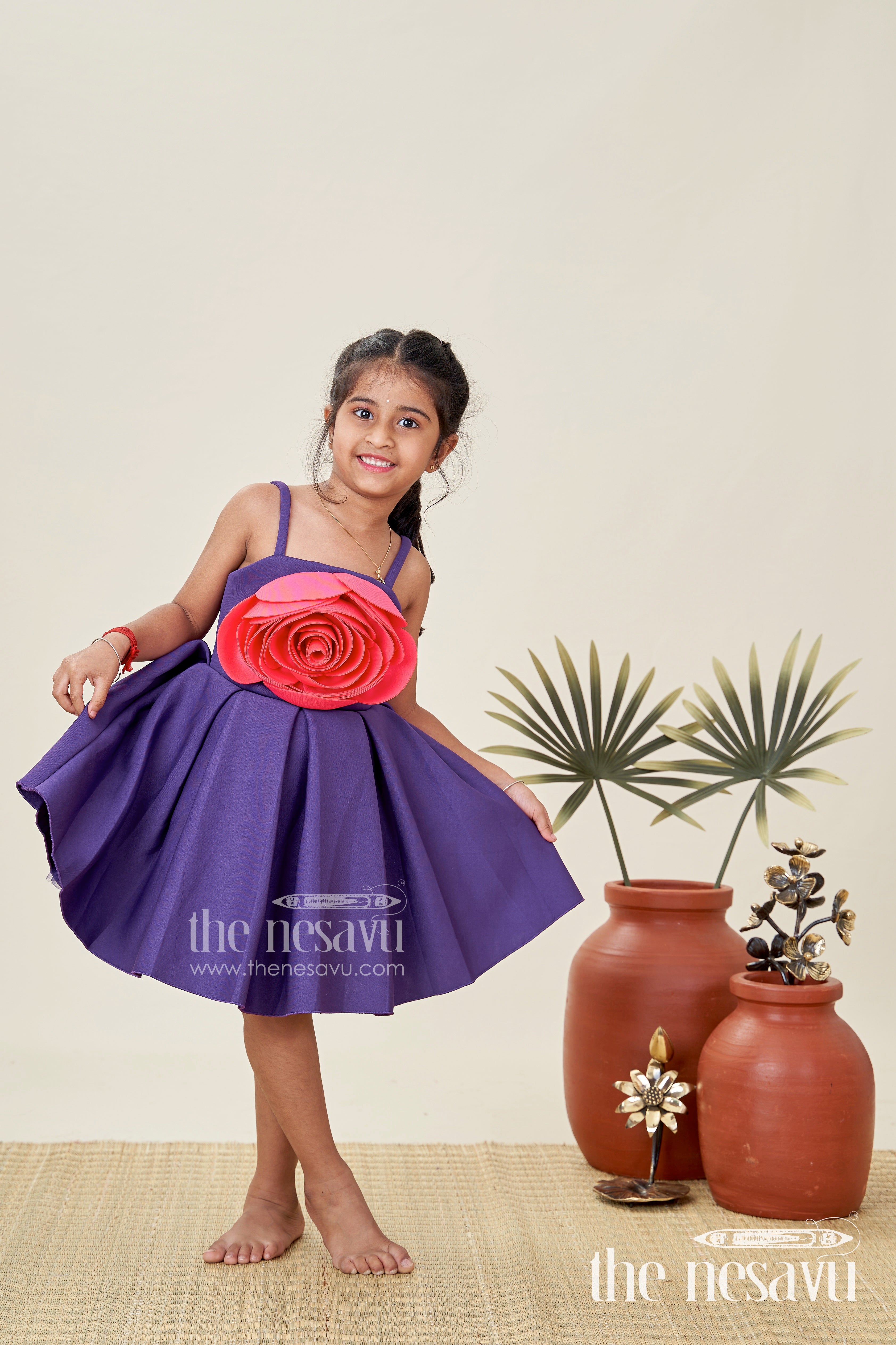 Nesavu Girls Purple Scuba Dress Red Rose Detail Box Pleats frock