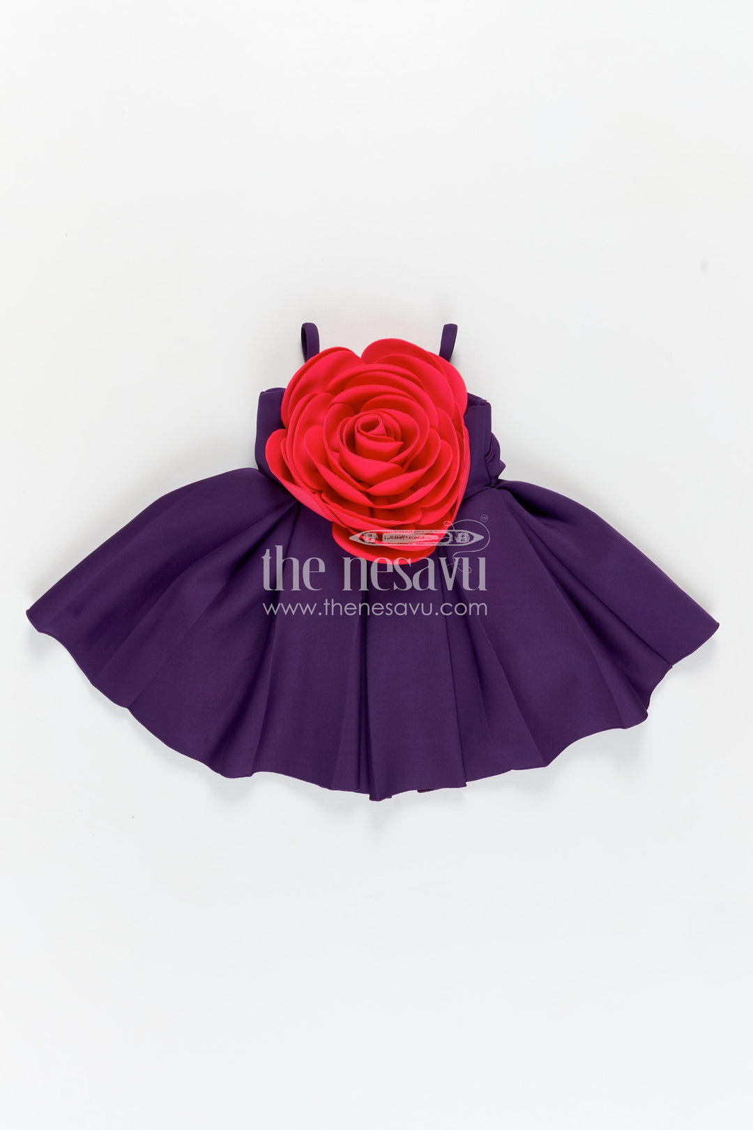 The Nesavu Girls Fancy Party Frock Girls Purple Scuba frock new pattern with Oversized Red Rose and Box Pleated Skirt Nesavu Nesavu Girls Purple Scuba Dress Red Rose Detail Box Pleats frock new pattern Design