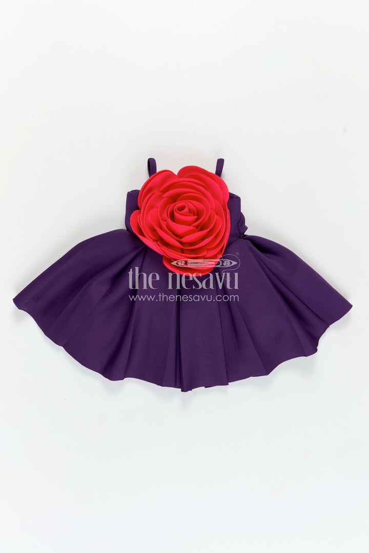 The Nesavu Girls Fancy Party Frock Girls Purple Scuba frock new pattern with Oversized Red Rose and Box Pleated Skirt Nesavu Nesavu Girls Purple Scuba Dress Red Rose Detail Box Pleats frock new pattern Design