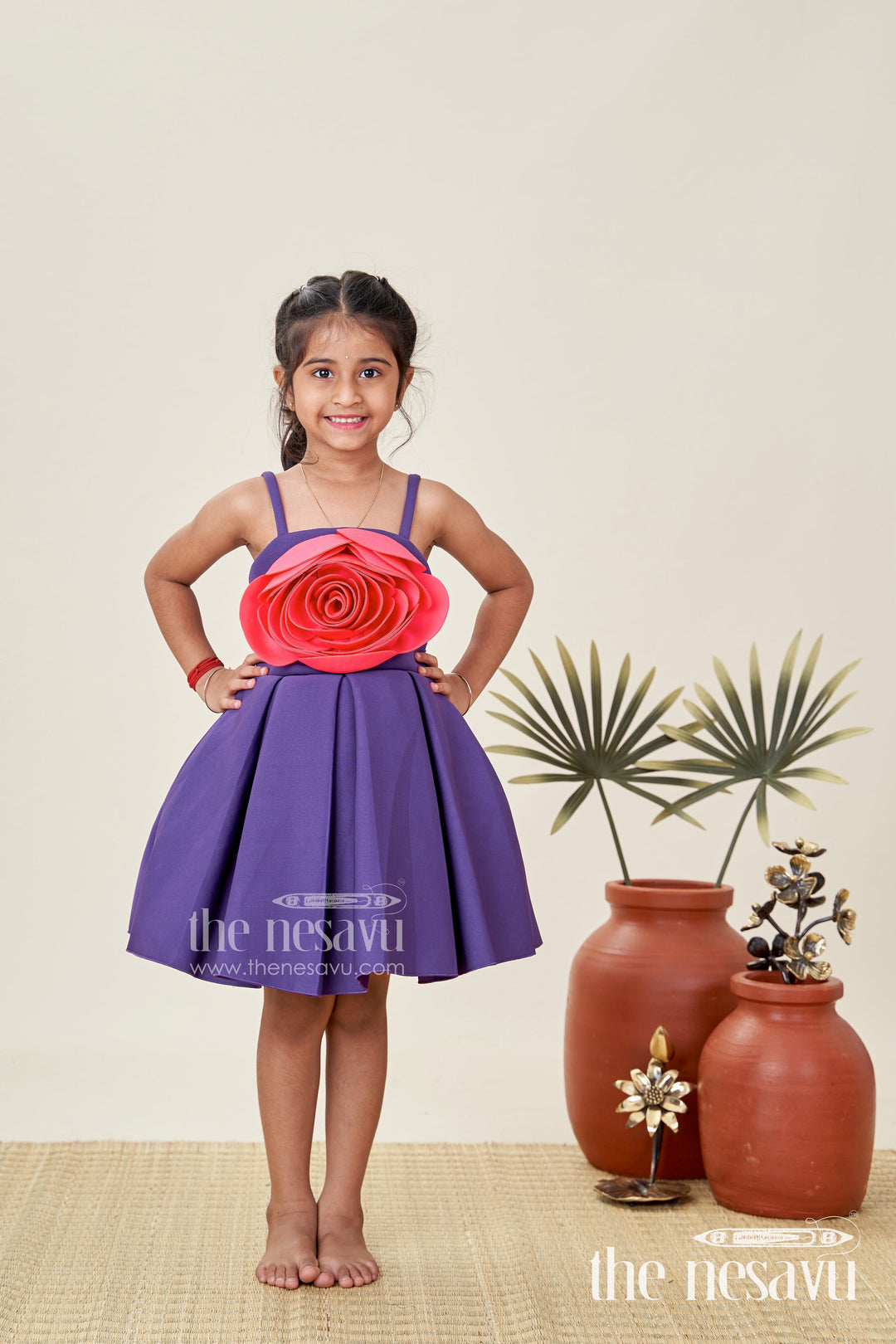 Girls Purple Scuba Frock New Pattern with Oversized Red Rose and Box Pleated Skirt