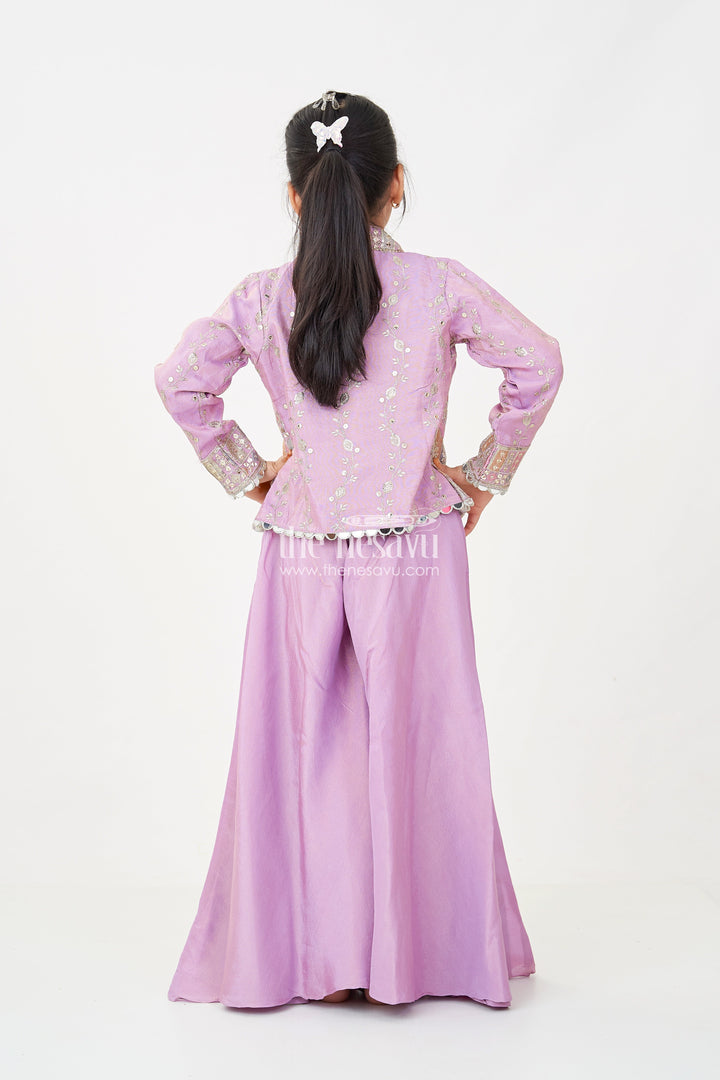 The Nesavu Girls Sharara / Plazo Set Girls Purple Sharara Set with Embroidered Jacket in Viscose Tissue and Matching Plazo Nesavu Nesavu Girls Purple Sharara Set Embellished Jacket Viscose Tissue Plazo