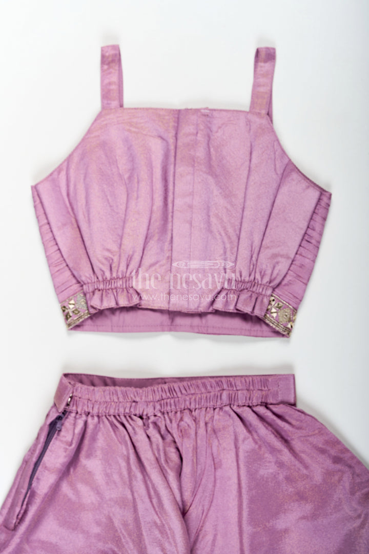The Nesavu Girls Sharara / Plazo Set Girls Purple Sharara Set with Embroidered Jacket in Viscose Tissue and Matching Plazo Nesavu Nesavu Girls Purple Sharara Set Embellished Jacket Viscose Tissue Plazo