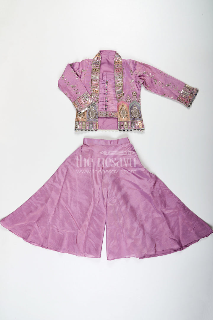 The Nesavu Girls Sharara / Plazo Set Girls Purple Sharara Set with Embroidered Jacket in Viscose Tissue and Matching Plazo Nesavu Nesavu Girls Purple Sharara Set Embellished Jacket Viscose Tissue Plazo