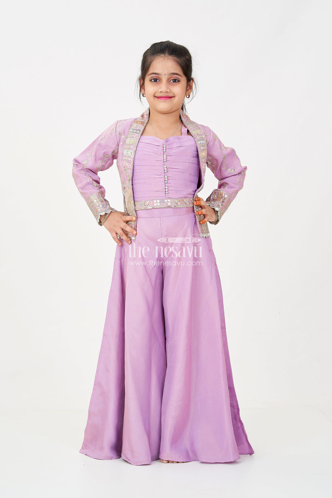 The Nesavu Girls Sharara / Plazo Set Girls Purple Sharara Set with Embroidered Jacket in Viscose Tissue and Matching Plazo Nesavu Nesavu Girls Purple Sharara Set Embellished Jacket Viscose Tissue Plazo