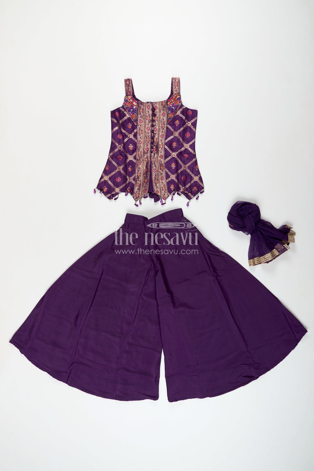 The Nesavu Girls Sharara / Plazo Set Girls purple sharara set with embroidered yoke for festive occasions Nesavu Nesavu girls purple sharara set embroidered yoke plazo pants weddings festive wear