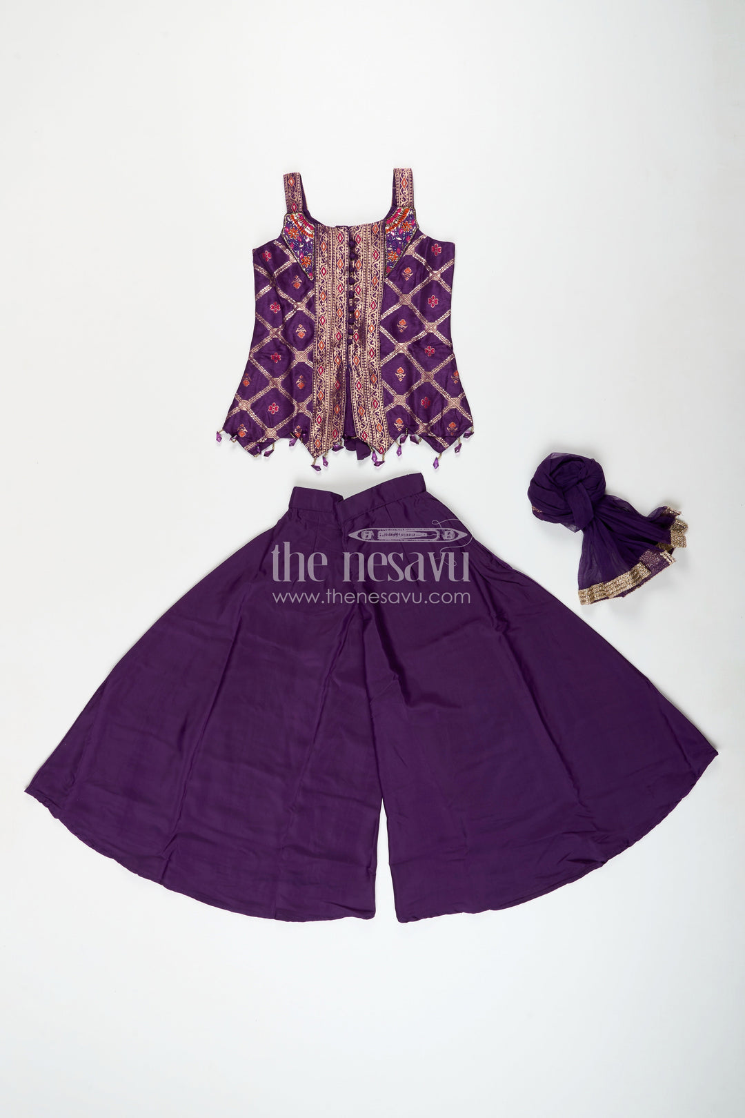The Nesavu Girls Sharara / Plazo Set Girls purple sharara set with embroidered yoke for festive occasions Nesavu Nesavu girls purple sharara set embroidered yoke plazo pants weddings festive wear