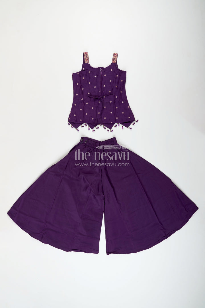 The Nesavu Girls Sharara / Plazo Set Girls purple sharara set with embroidered yoke for festive occasions Nesavu Nesavu girls purple sharara set embroidered yoke plazo pants weddings festive wear