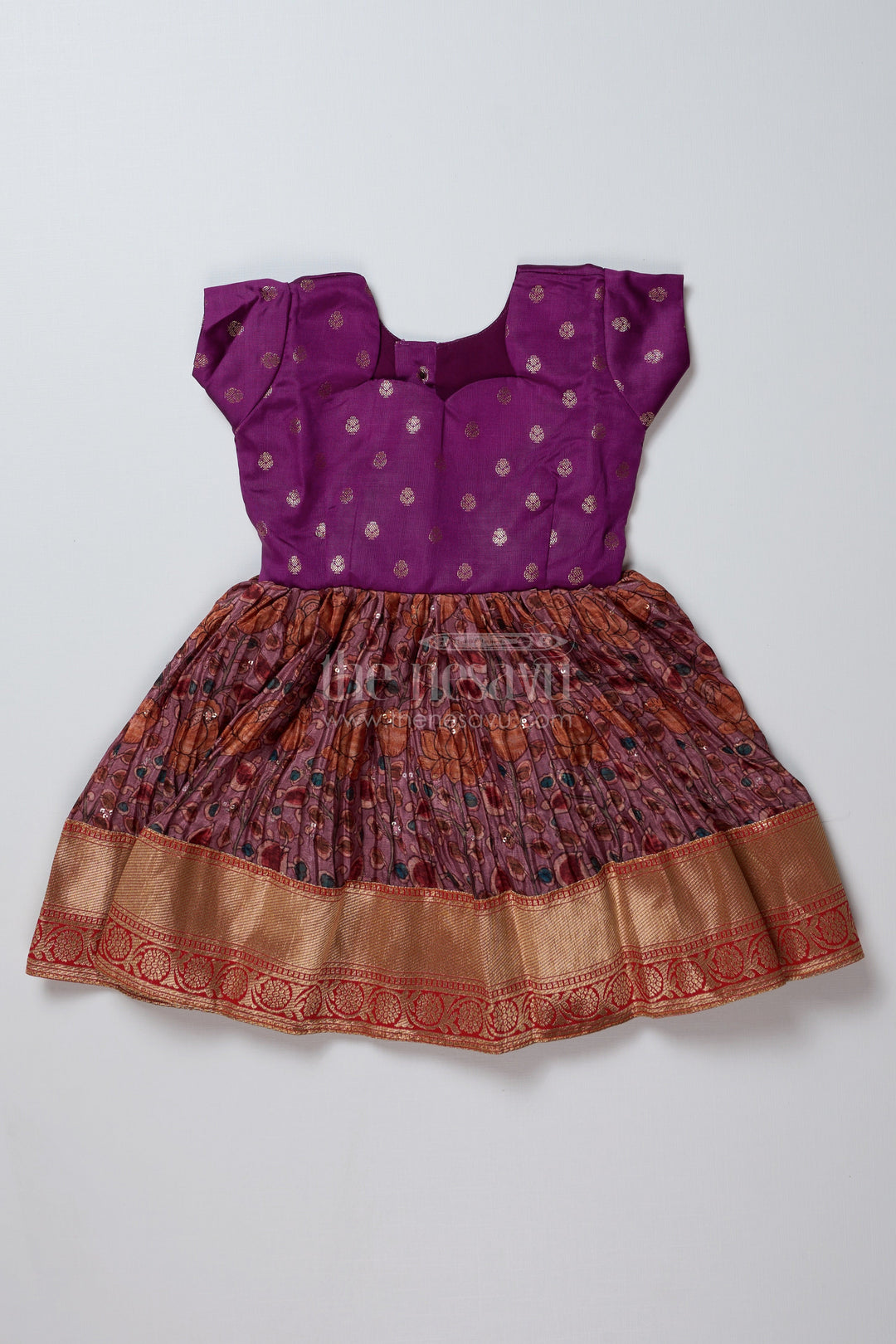 The Nesavu Silk Frock Girls Purple Traditional Dress with Chinon Silk Pleated Skirt and Elegant Zari Border Nesavu 14 (6M) / Purple SF966A-14 Nesavu Girls Purple Traditional Dress Chinon Silk Pleats Zari Border