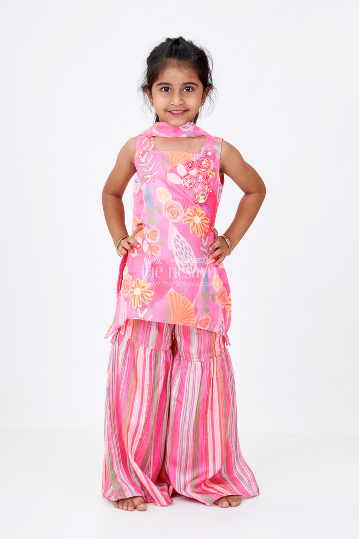 The Nesavu Girls Sharara / Plazo Set Girls Rani Pink Sharara with Floral Printed Top and Striped Flared Pants Nesavu 16 (1Y) / Pink GPS549B-16 Nesavu Girls Rani Pink Sharara Floral Printed Top Striped Flared Pants