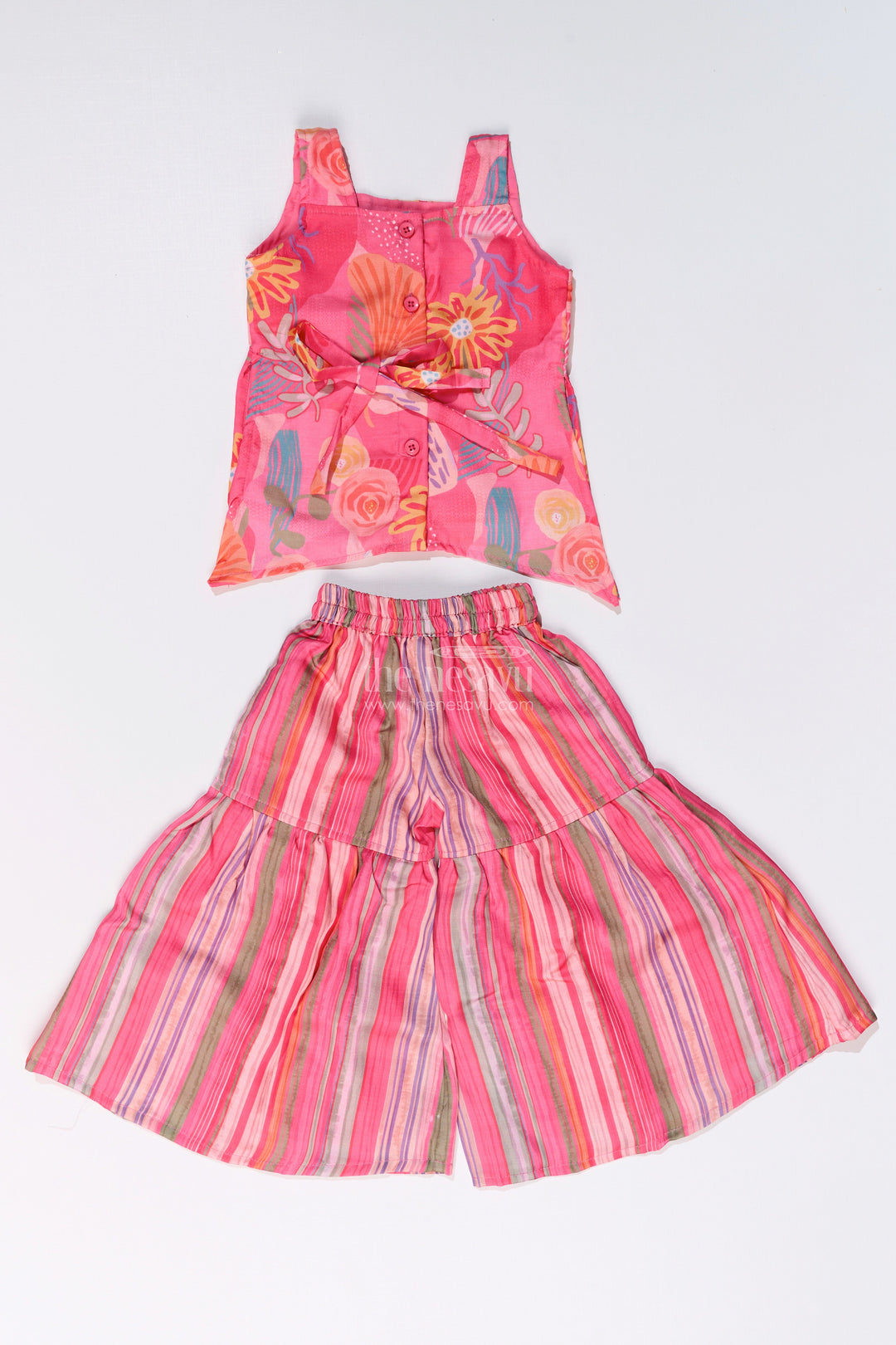 The Nesavu Girls Sharara / Plazo Set Girls Rani Pink Sharara with Floral Printed Top and Striped Flared Pants Nesavu Nesavu Girls Rani Pink Sharara Floral Printed Top Striped Flared Pants