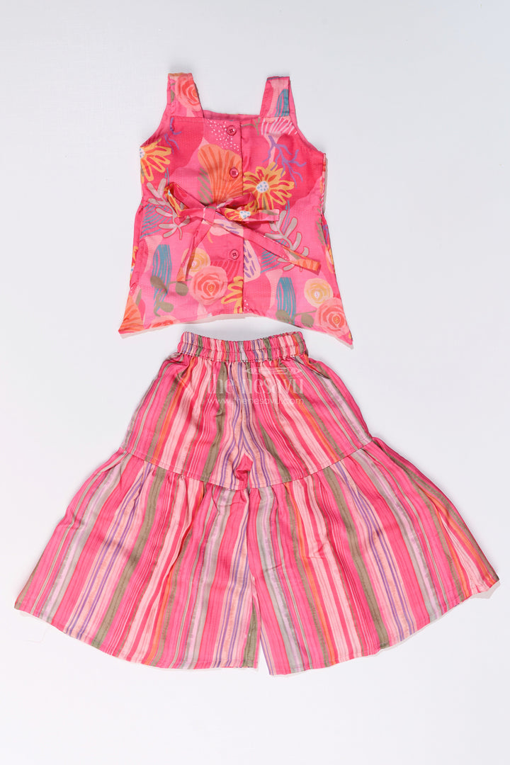 The Nesavu Girls Sharara / Plazo Set Girls Rani Pink Sharara with Floral Printed Top and Striped Flared Pants Nesavu Nesavu Girls Rani Pink Sharara Floral Printed Top Striped Flared Pants