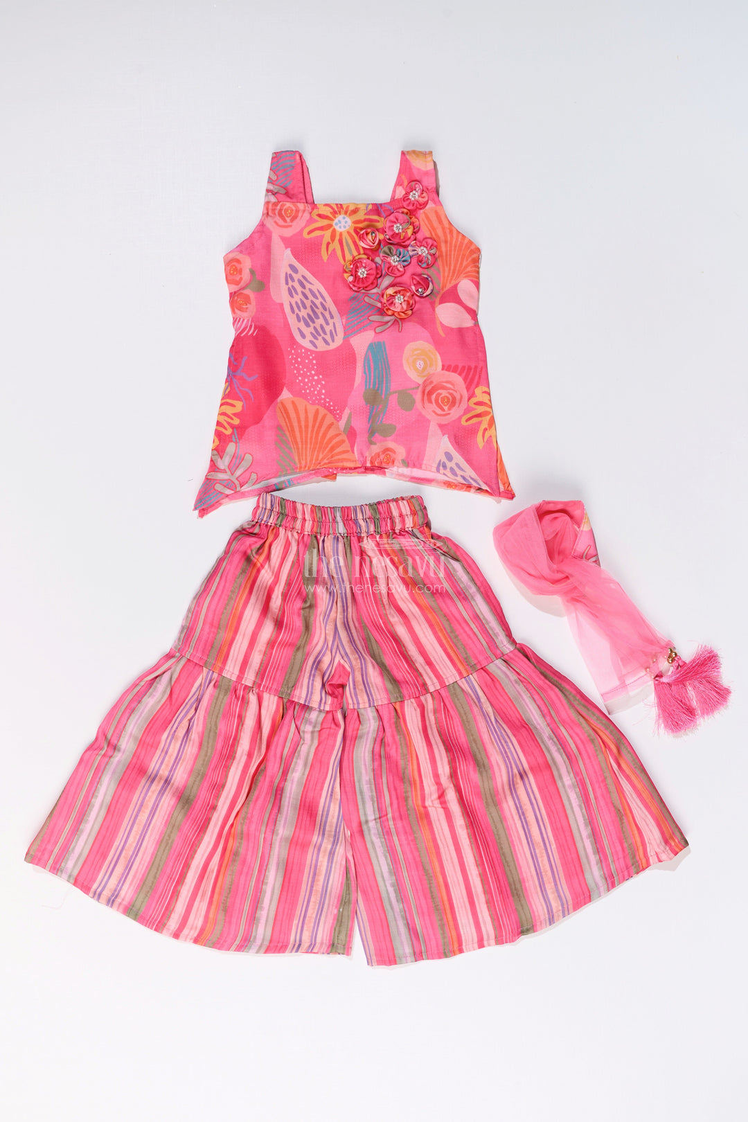 The Nesavu Girls Sharara / Plazo Set Girls Rani Pink Sharara with Floral Printed Top and Striped Flared Pants Nesavu Nesavu Girls Rani Pink Sharara Floral Printed Top Striped Flared Pants