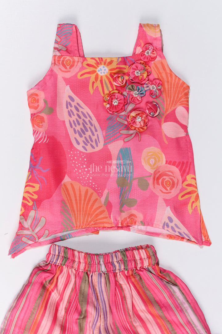 The Nesavu Girls Sharara / Plazo Set Girls Rani Pink Sharara with Floral Printed Top and Striped Flared Pants Nesavu Nesavu Girls Rani Pink Sharara Floral Printed Top Striped Flared Pants