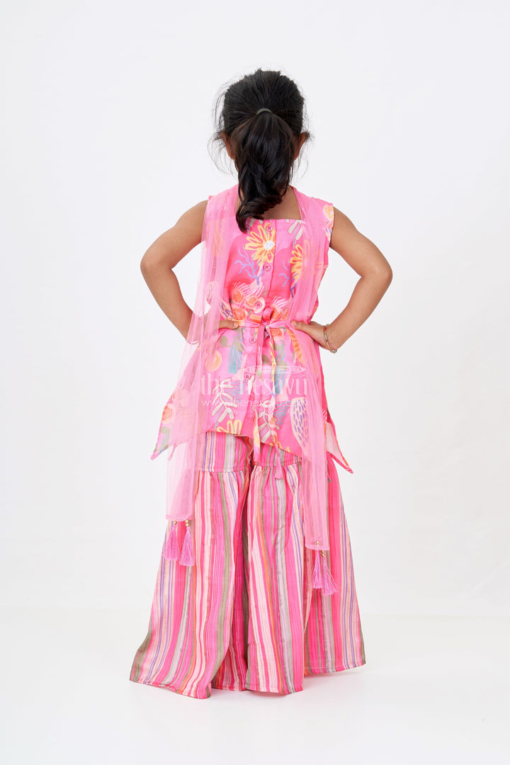 The Nesavu Girls Sharara / Plazo Set Girls Rani Pink Sharara with Floral Printed Top and Striped Flared Pants Nesavu Nesavu Girls Rani Pink Sharara Floral Printed Top Striped Flared Pants