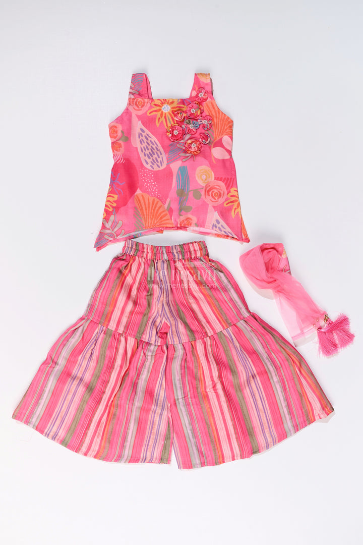 The Nesavu Girls Sharara / Plazo Set Girls Rani Pink Sharara with Floral Printed Top and Striped Flared Pants Nesavu Nesavu Girls Rani Pink Sharara Floral Printed Top Striped Flared Pants
