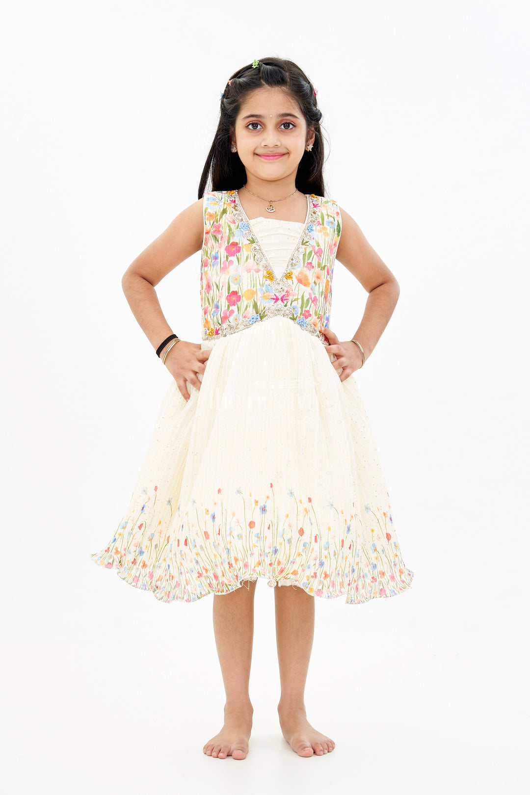 The Nesavu Silk Party Frock Girls Raw Silk Dresses Frocks with Floral Digital Print and Embellished Bodice for a Stylish Look Nesavu 24 (5Y) / Yellow SF973A-24 Nesavu Girls Raw Silk Dresses Frocks Floral Digital Print Embellished Bodice