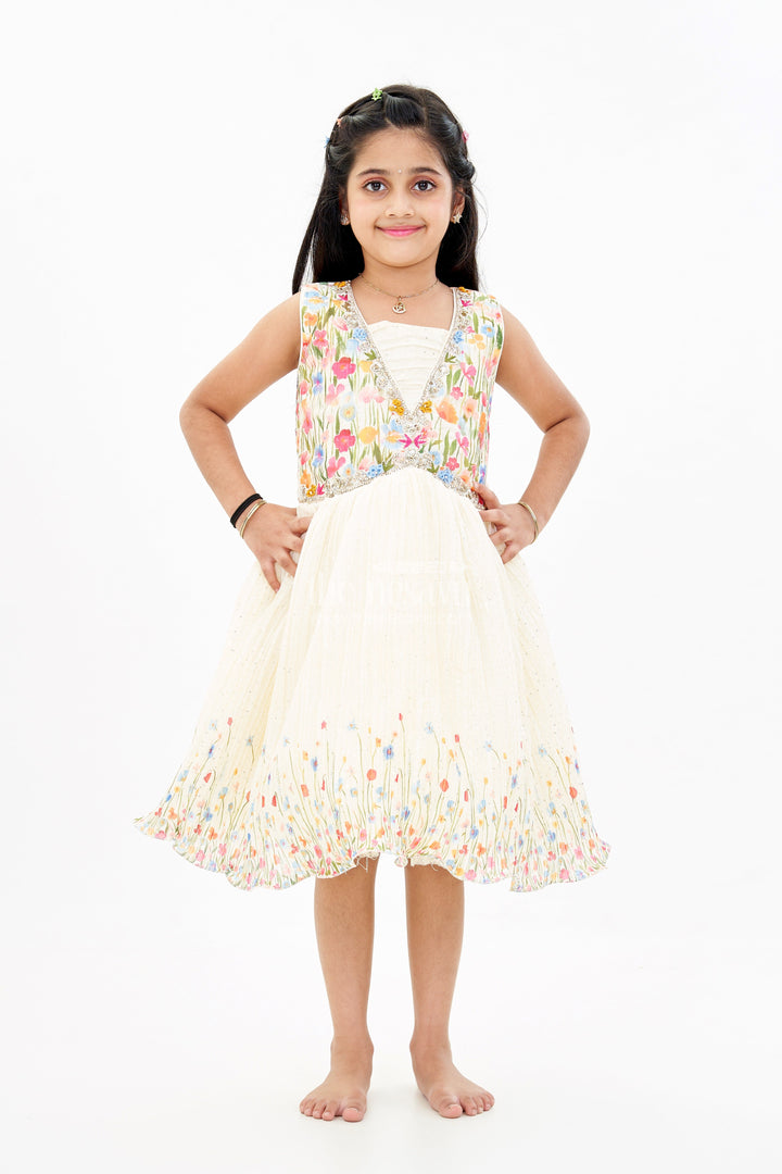 The Nesavu Silk Party Frock Girls Raw Silk Dresses Frocks with Floral Digital Print and Embellished Bodice for a Stylish Look Nesavu 24 (5Y) / Yellow SF973A-24 Nesavu Girls Raw Silk Dresses Frocks Floral Digital Print Embellished Bodice