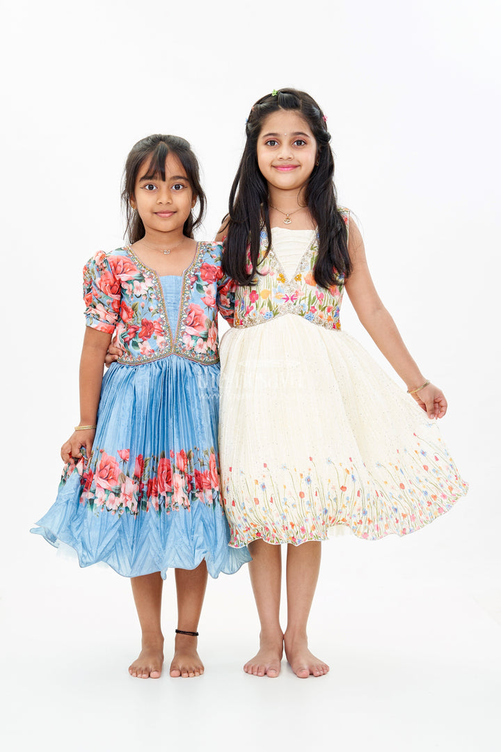 The Nesavu Silk Party Frock Girls Raw Silk Dresses Frocks with Floral Digital Print and Embellished Bodice for a Stylish Look Nesavu Nesavu Girls Raw Silk Dresses Frocks Floral Digital Print Embellished Bodice