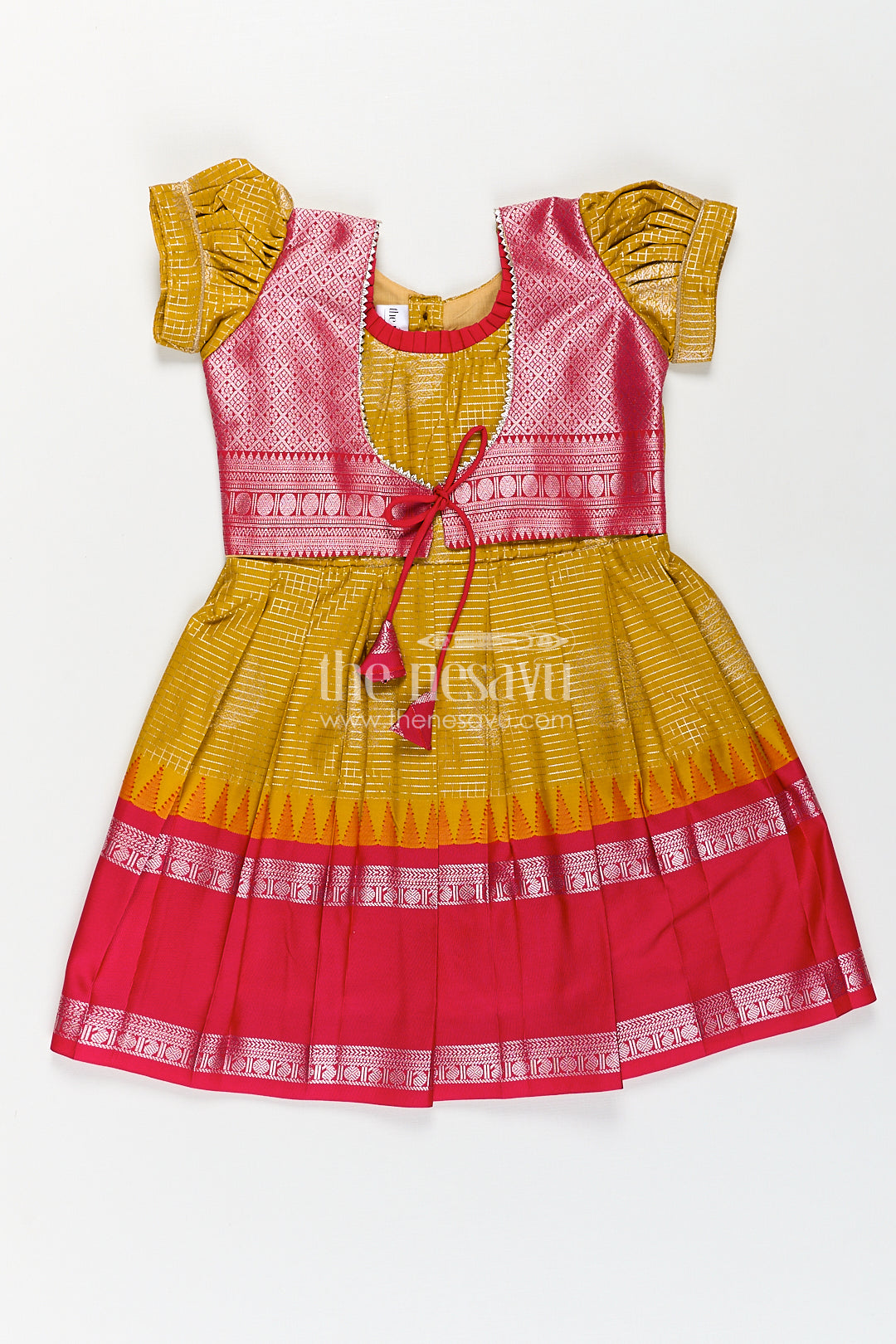 The Nesavu Silk Frock Girls Raw Silk Short Frocks in Semi Kanchivaram with Traditional Pink and Mustard Zari Border and Puff Sleeves Nesavu 14 (6M) / Yellow / Style 2 SF857AB-14 Nesavu Traditional Girls Raw Silk Short Frocks Semi Kanchivaram Pink Zari Border Mustard Base