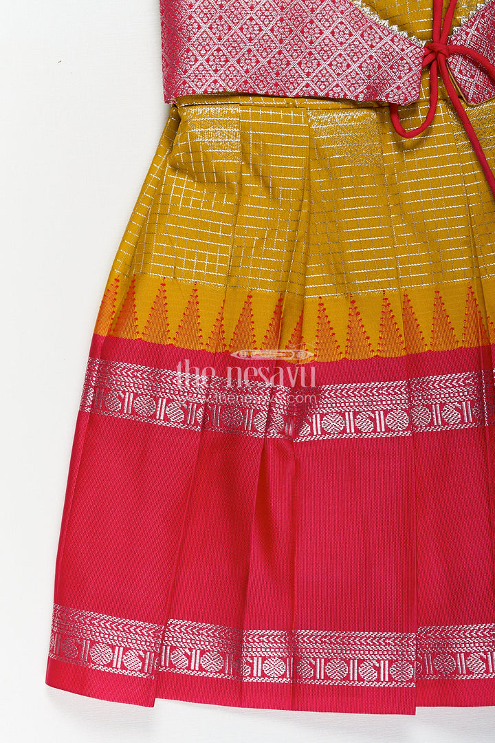 The Nesavu Silk Frock Girls Raw Silk Short Frocks in Semi Kanchivaram with Traditional Pink and Mustard Zari Border and Puff Sleeves Nesavu Nesavu Traditional Girls Raw Silk Short Frocks Semi Kanchivaram Pink Zari Border Mustard Base