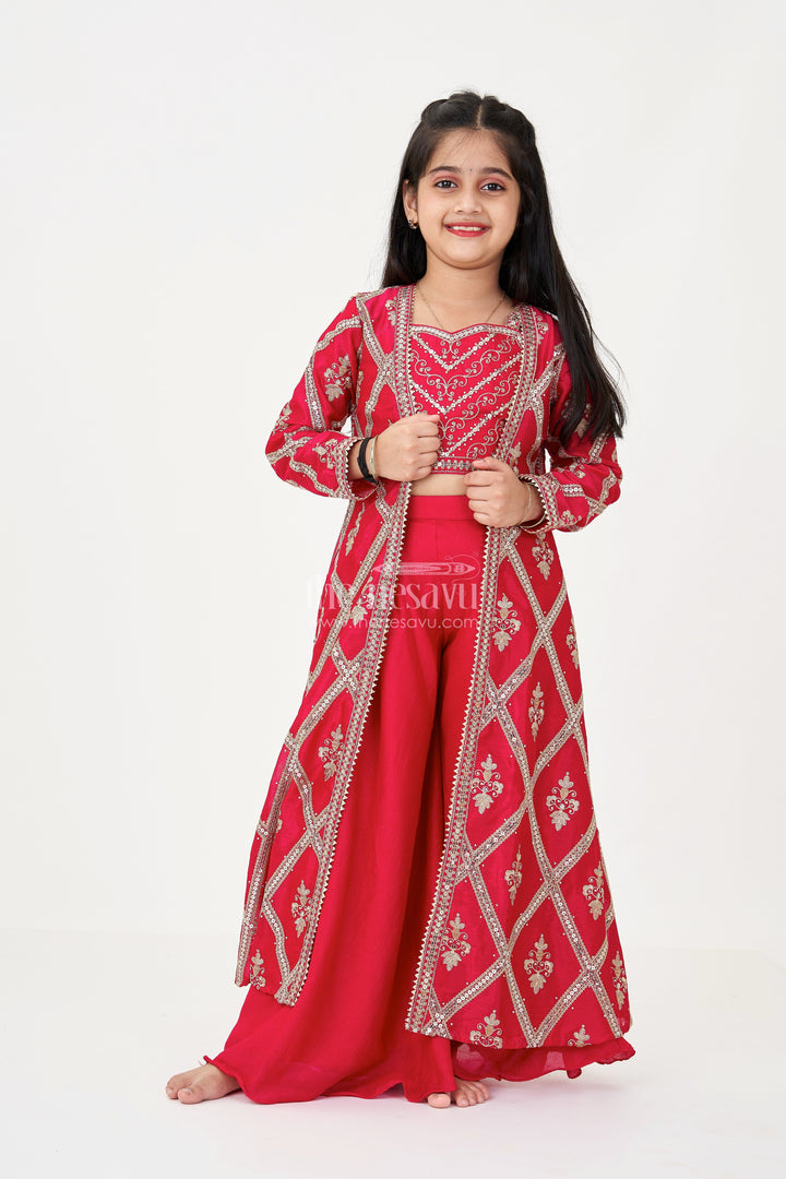 The Nesavu Girls Sharara / Plazo Set Girls Readymade Sharara Set in Maroon Georgette with Embroidered Jacket and Spaghetti Top Nesavu 22 (4Y) / Pink GPS574A-22 Nesavu Girls Maroon Readymade Sharara Set Georgette Embroidered Jacket Mirror Work