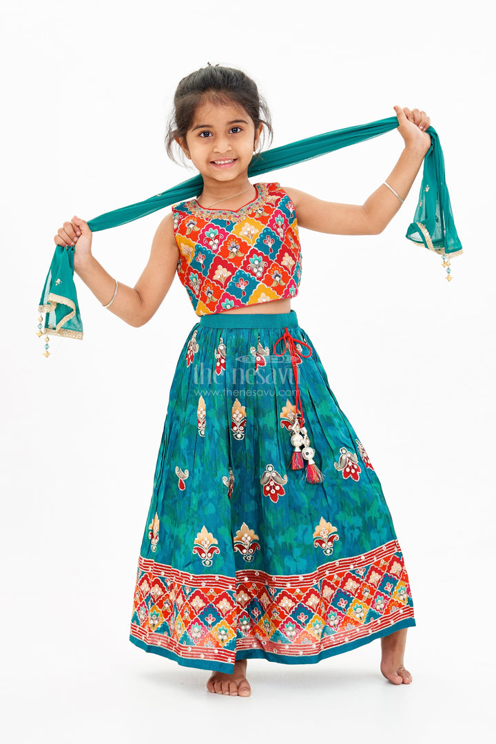 The Nesavu Girls Lehenga Choli Girls Reception Lehenga Designs with Mirror Work Choli and Embroidered Skirt in Green Nesavu 16 (1Y) / Green GL601A-16 Nesavu Girls Reception Lehenga Designs Mirror Work Choli Embroidered Skirt
