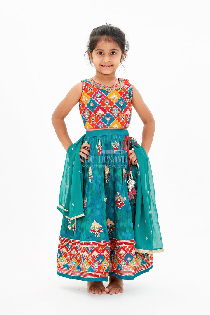 The Nesavu Girls Lehenga Choli Girls Reception Lehenga Designs with Mirror Work Choli and Embroidered Skirt in Green Nesavu Nesavu Girls Reception Lehenga Designs Mirror Work Choli Embroidered Skirt