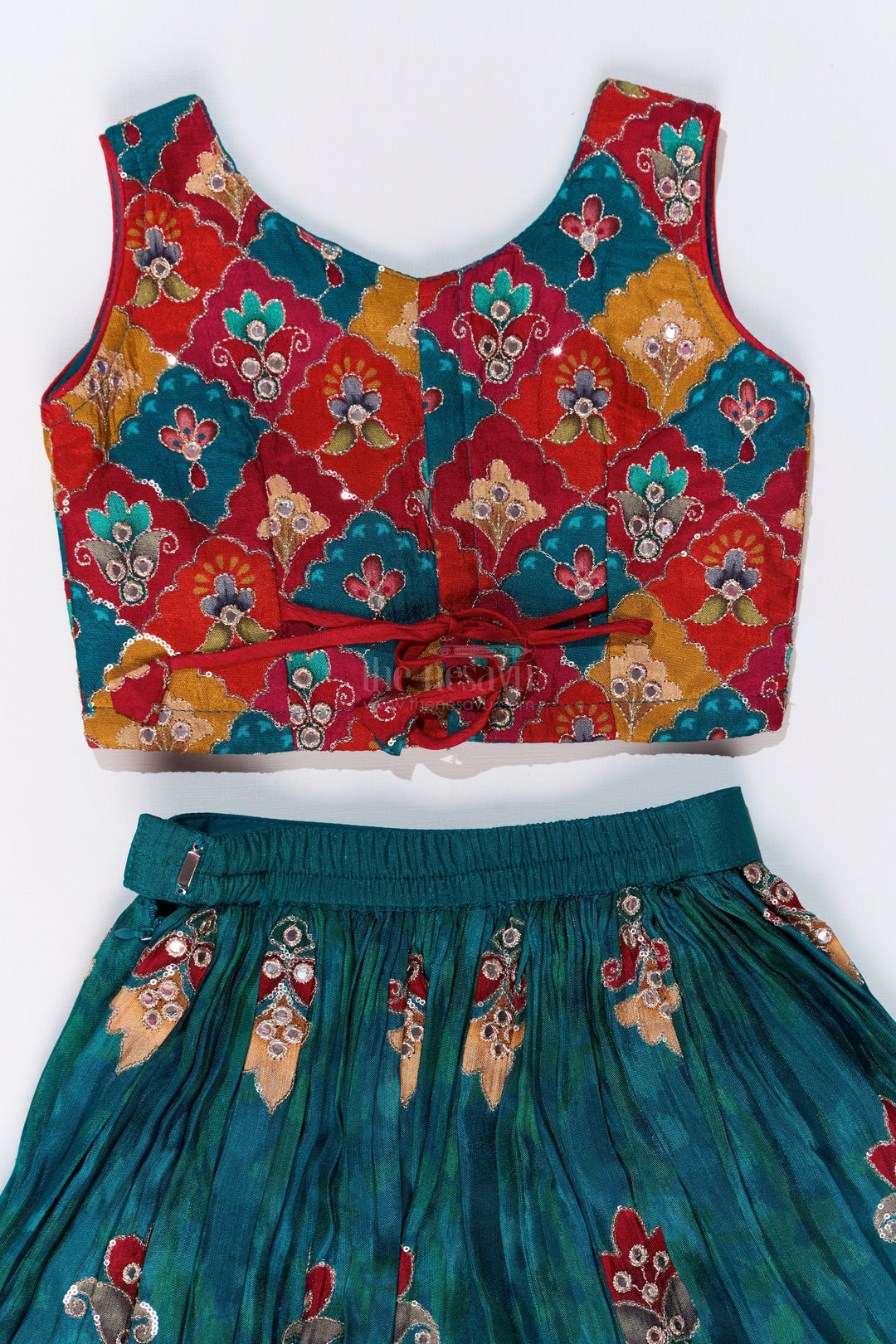 The Nesavu Girls Lehenga Choli Girls Reception Lehenga Designs with Mirror Work Choli and Embroidered Skirt in Green Nesavu Nesavu Girls Reception Lehenga Designs Mirror Work Choli Embroidered Skirt