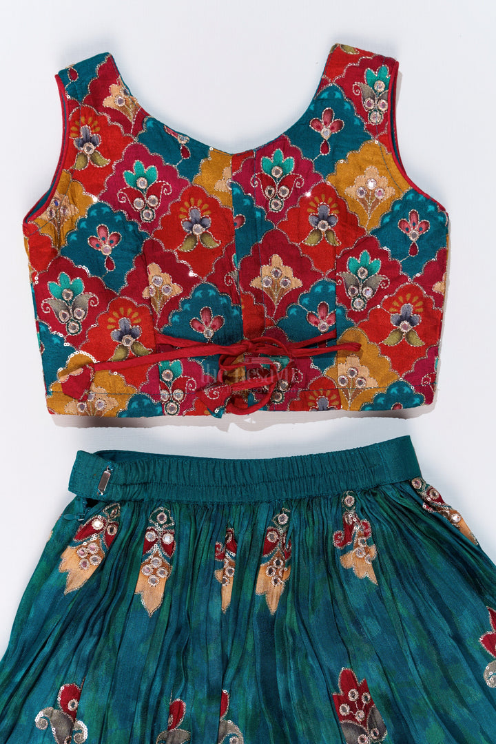 The Nesavu Girls Lehenga Choli Girls Reception Lehenga Designs with Mirror Work Choli and Embroidered Skirt in Green Nesavu Nesavu Girls Reception Lehenga Designs Mirror Work Choli Embroidered Skirt