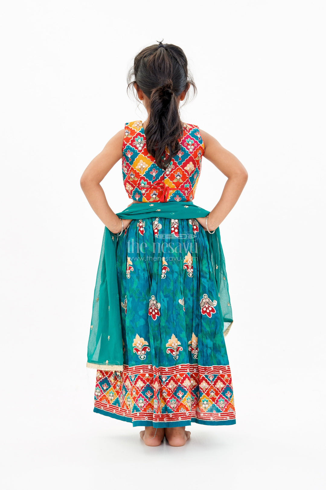 The Nesavu Girls Lehenga Choli Girls Reception Lehenga Designs with Mirror Work Choli and Embroidered Skirt in Green Nesavu Nesavu Girls Reception Lehenga Designs Mirror Work Choli Embroidered Skirt