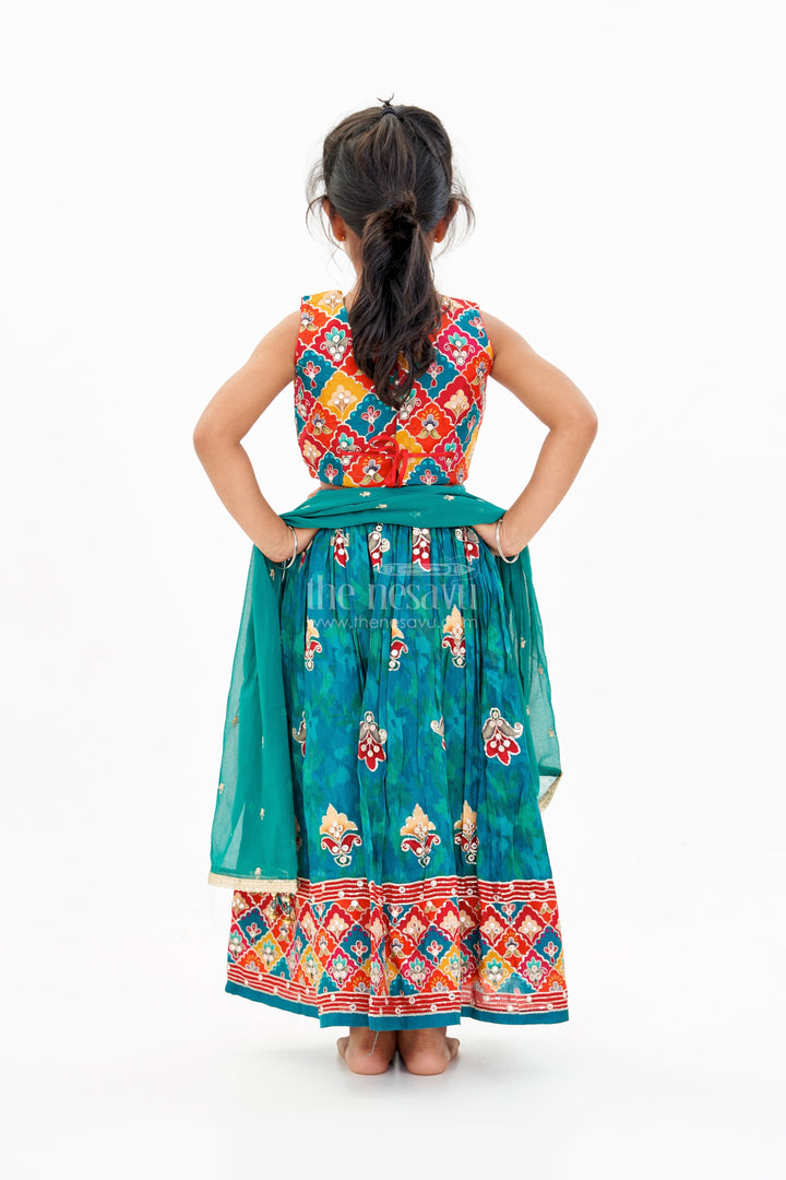 The Nesavu Girls Lehenga Choli Girls Reception Lehenga Designs with Mirror Work Choli and Embroidered Skirt in Green Nesavu Nesavu Girls Reception Lehenga Designs Mirror Work Choli Embroidered Skirt