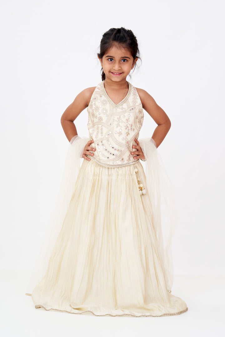 The Nesavu Girls Lehenga Choli Girls Reception Lehenga in Pure Viscose Tissue Silk with Halter Neck Embellished Choli Nesavu 16 (1Y) / Cream GL565A-16 Nesavu Girls Reception Lehenga Pure Viscose Tissue Silk Halter Neck Embellished Choli