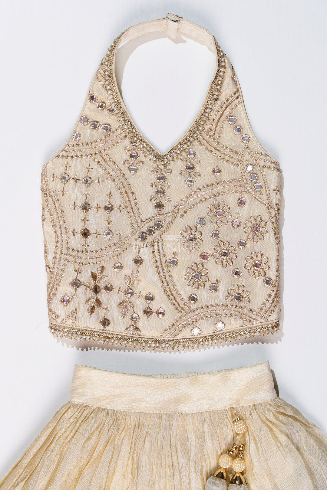 The Nesavu Girls Lehenga Choli Girls Reception Lehenga in Pure Viscose Tissue Silk with Halter Neck Embellished Choli Nesavu Nesavu Girls Reception Lehenga Pure Viscose Tissue Silk Halter Neck Embellished Choli