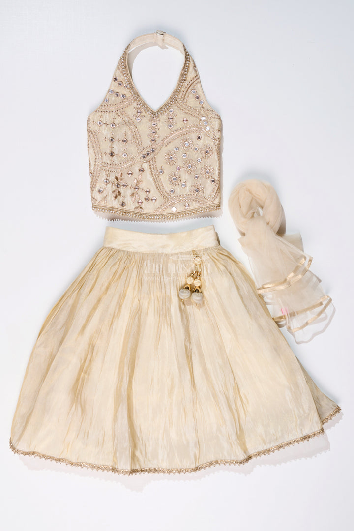The Nesavu Girls Lehenga Choli Girls Reception Lehenga in Pure Viscose Tissue Silk with Halter Neck Embellished Choli Nesavu Nesavu Girls Reception Lehenga Pure Viscose Tissue Silk Halter Neck Embellished Choli